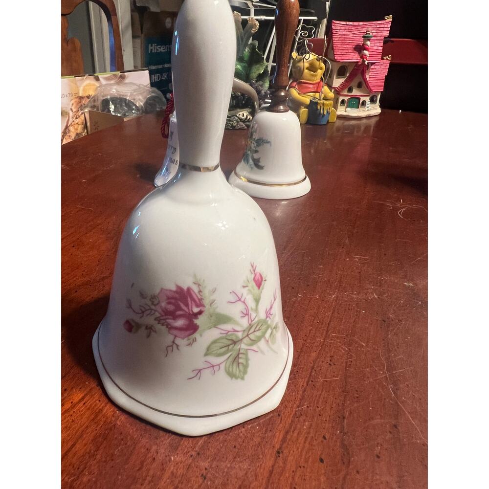 Vintage Porcelain Bell with Pink Roses and Gold Trim Retro Flower Floral Nature